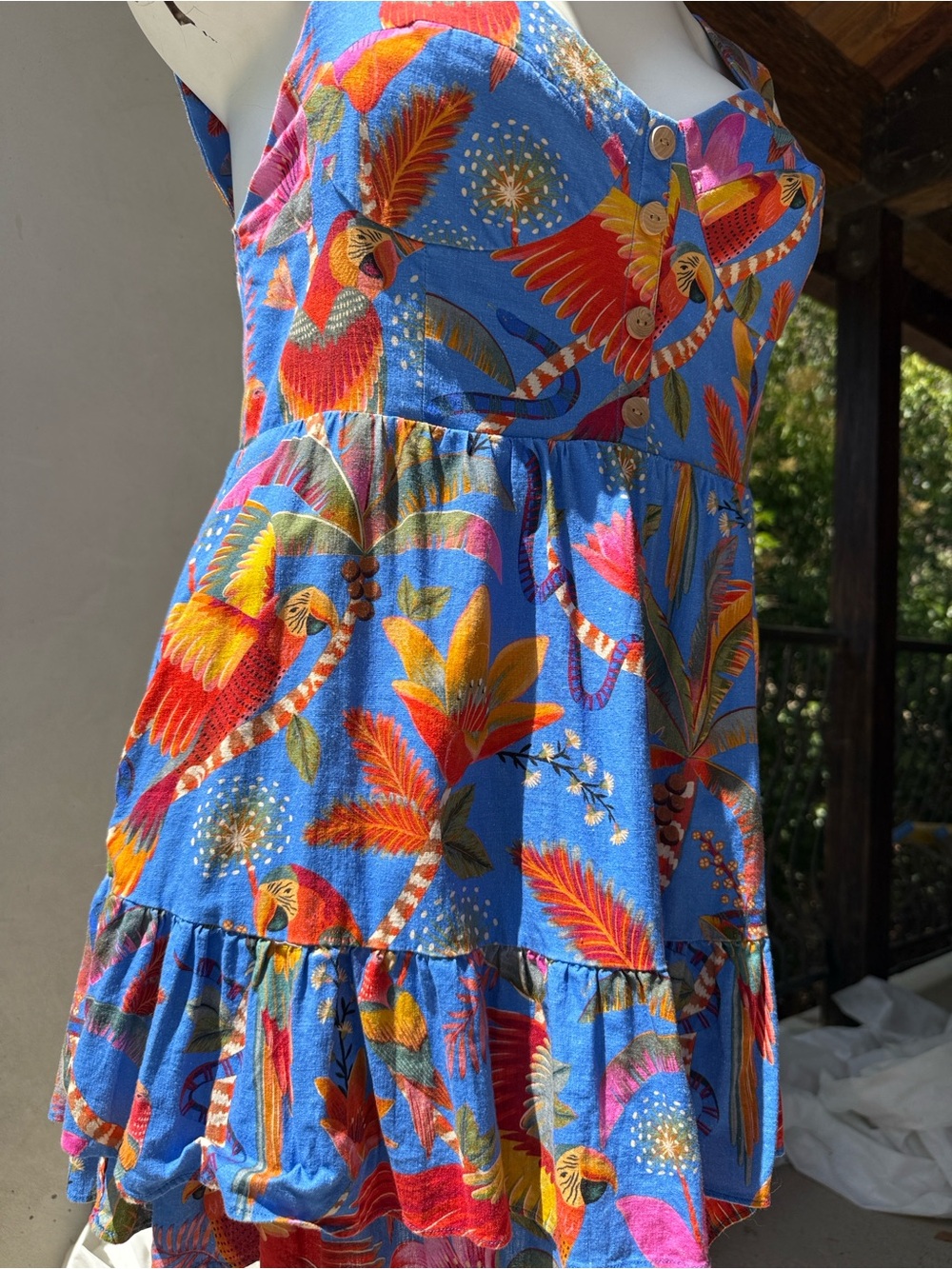 Farm Rio dress mini Blue pockets Tropical parrots Sundress linen-Ruffle hem - XL - Picture 4 of 17